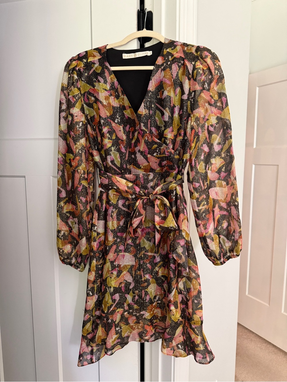 Marie Oliver Black Floral-Print Wrap Mini Dress with Pink & Yellow Accents
